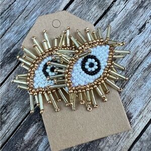 Gold and White Beaded Eye Earrings